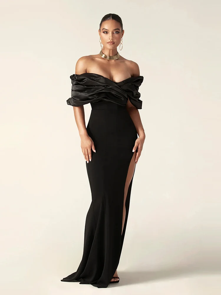Sexy Satin Ruffle Shoulder High Slit Long Dress Women Black Off the Shoulder Pleat Maxi Dress Elegant Evening Party Gown