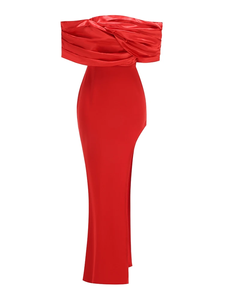 Sexy Satin Ruffle Shoulder High Slit Long Dress Women Black Off the Shoulder Pleat Maxi Dress Elegant Evening Party Gown
