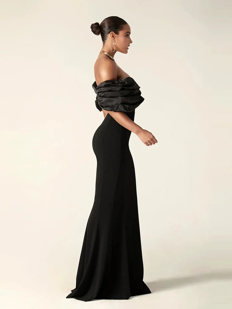 Sexy Satin Ruffle Shoulder High Slit Long Dress Women Black Off the Shoulder Pleat Maxi Dress Elegant Evening Party Gown