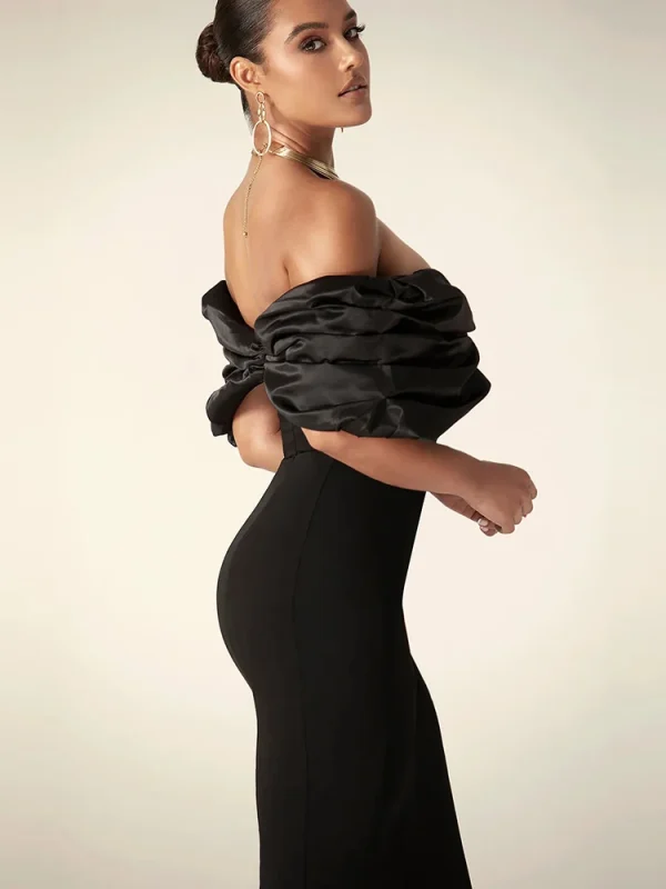 Satin Ruffle Shoulder High Slit Long Dress Black Red - Image 6