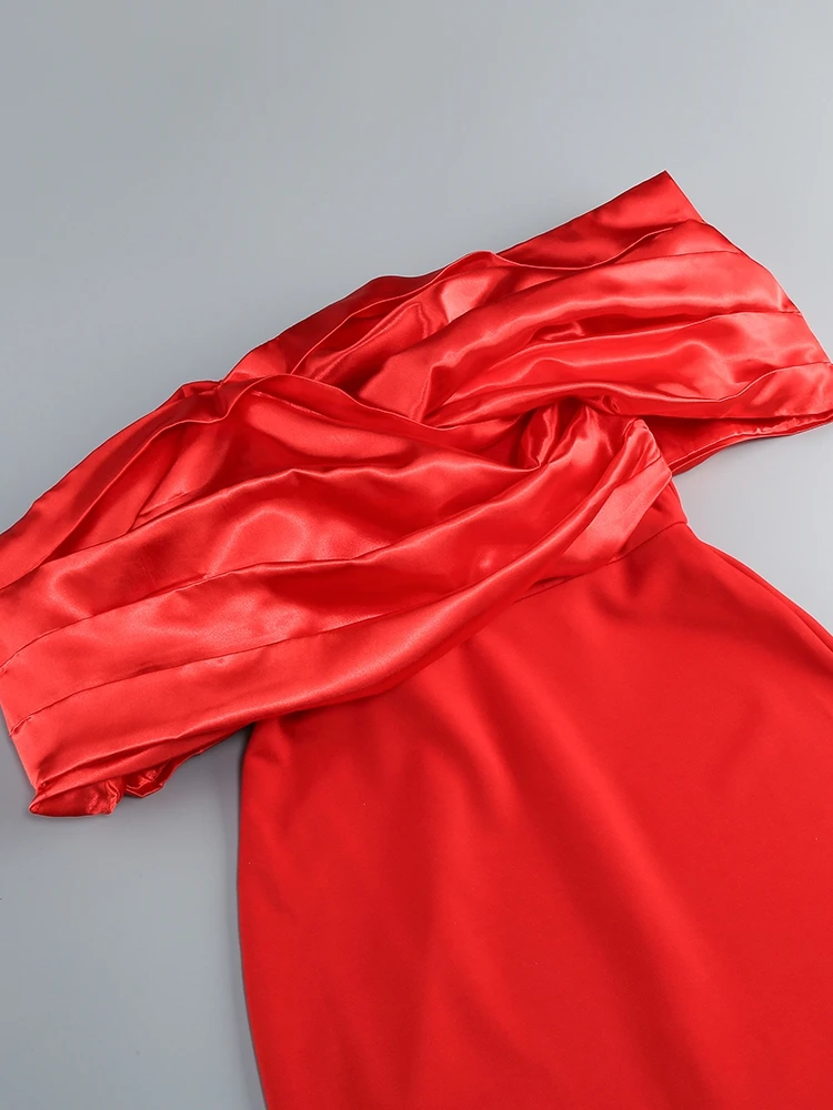 Sexy Satin Ruffle Shoulder High Slit Long Dress Women Black Off the Shoulder Pleat Maxi Dress Elegant Evening Party Gown