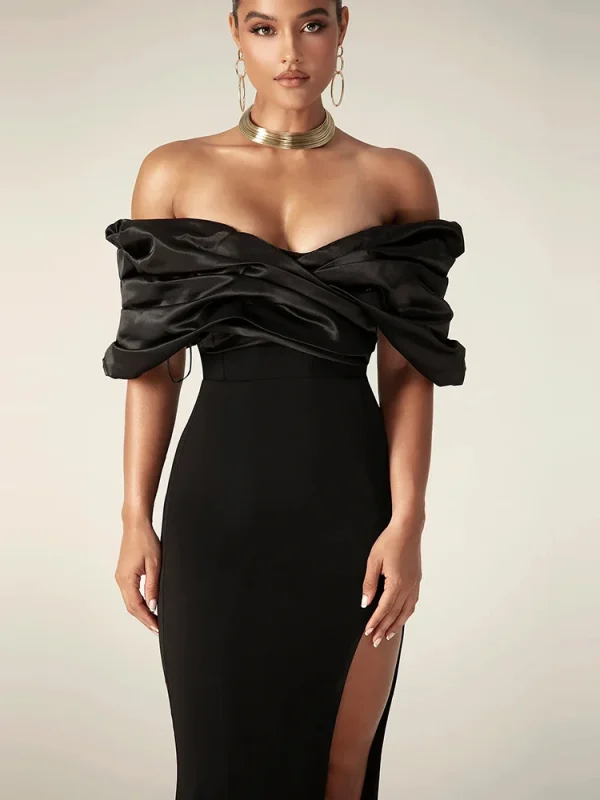 Satin Ruffle Shoulder High Slit Long Dress Black Red - Image 5