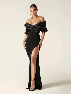 Satin Ruffle Shoulder High Slit Long Dress Black Red