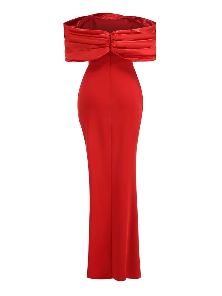 Sexy Satin Ruffle Shoulder High Slit Long Dress Women Black Off the Shoulder Pleat Maxi Dress Elegant Evening Party Gown