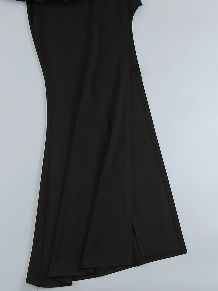 Sexy Satin Ruffle Shoulder High Slit Long Dress Women Black Off the Shoulder Pleat Maxi Dress Elegant Evening Party Gown