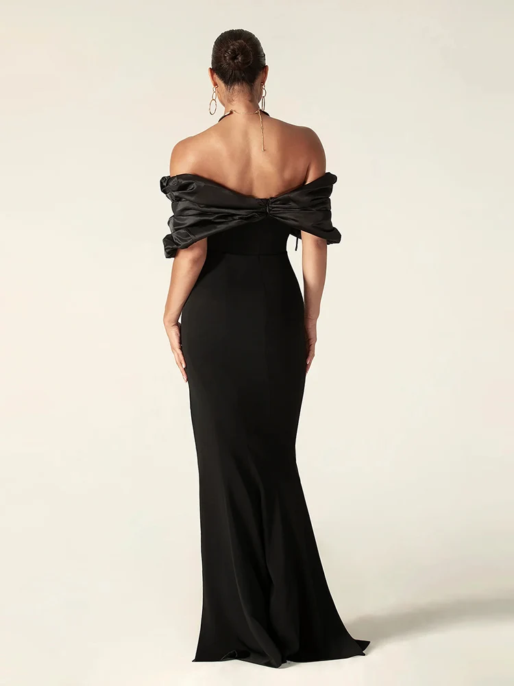 Sexy Satin Ruffle Shoulder High Slit Long Dress Women Black Off the Shoulder Pleat Maxi Dress Elegant Evening Party Gown