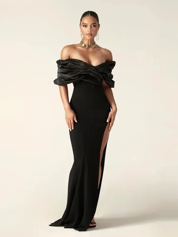 Satin Ruffle Shoulder High Slit Long Dress Black Red - Image 2