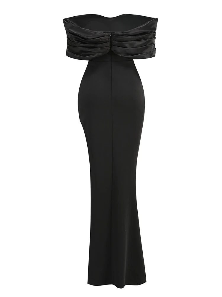 Sexy Satin Ruffle Shoulder High Slit Long Dress Women Black Off the Shoulder Pleat Maxi Dress Elegant Evening Party Gown