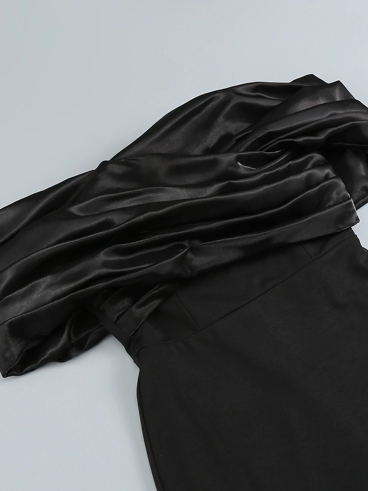 Sexy Satin Ruffle Shoulder High Slit Long Dress Women Black Off the Shoulder Pleat Maxi Dress Elegant Evening Party Gown