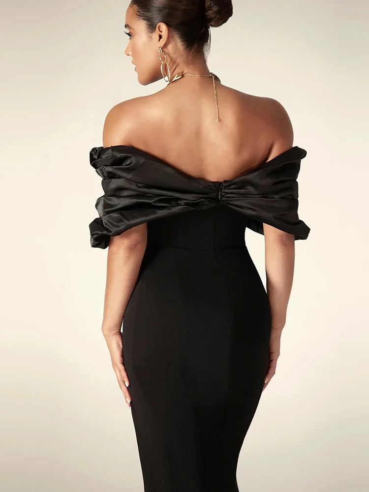 Sexy Satin Ruffle Shoulder High Slit Long Dress Women Black Off the Shoulder Pleat Maxi Dress Elegant Evening Party Gown