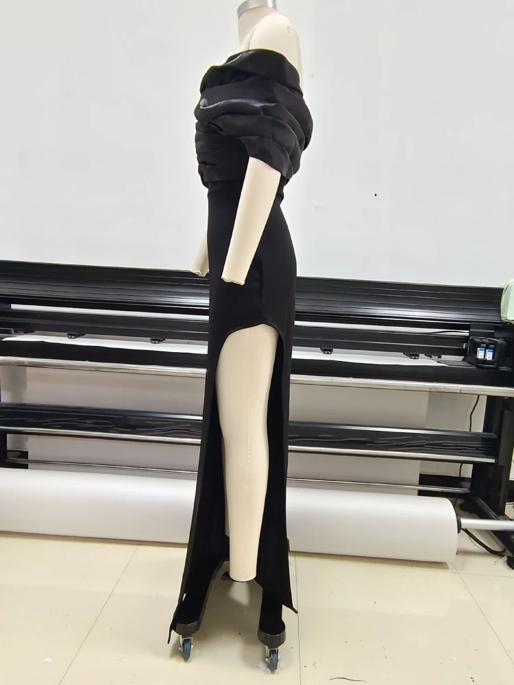 Sexy Satin Ruffle Shoulder High Slit Long Dress Women Black Off the Shoulder Pleat Maxi Dress Elegant Evening Party Gown