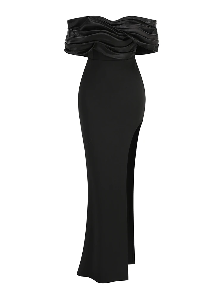 Sexy Satin Ruffle Shoulder High Slit Long Dress Women Black Off the Shoulder Pleat Maxi Dress Elegant Evening Party Gown