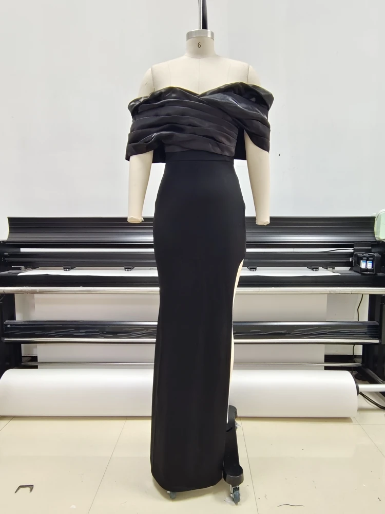 Sexy Satin Ruffle Shoulder High Slit Long Dress Women Black Off the Shoulder Pleat Maxi Dress Elegant Evening Party Gown