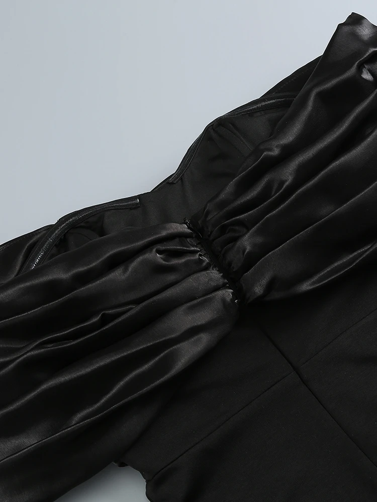 Sexy Satin Ruffle Shoulder High Slit Long Dress Women Black Off the Shoulder Pleat Maxi Dress Elegant Evening Party Gown