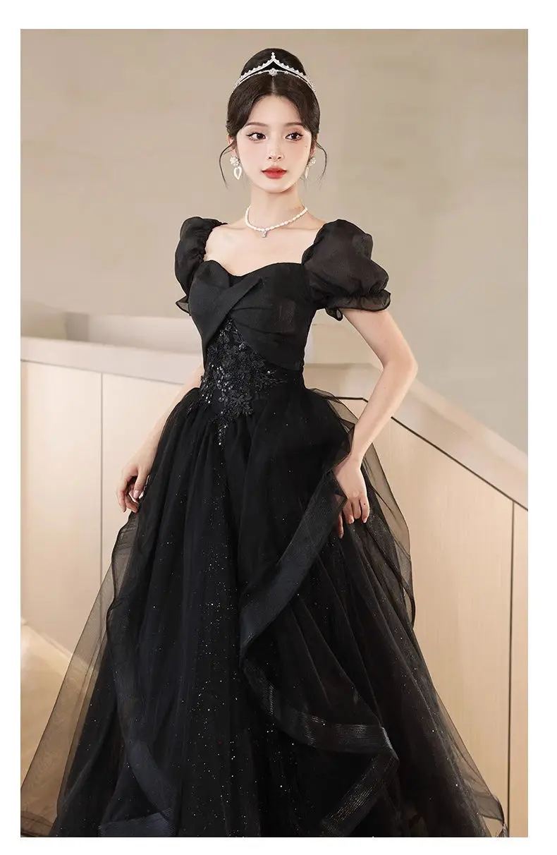 New Graduation High School Dress French High end Black Long Evening Dresses for Women Bubble Sleeve Bridesmaid Wedding Dress
