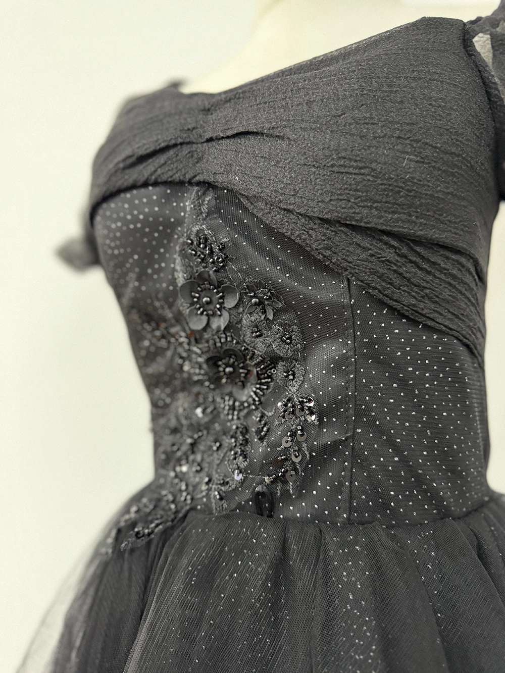 New Graduation High School Dress French High end Black Long Evening Dresses for Women Bubble Sleeve Bridesmaid Wedding Dress