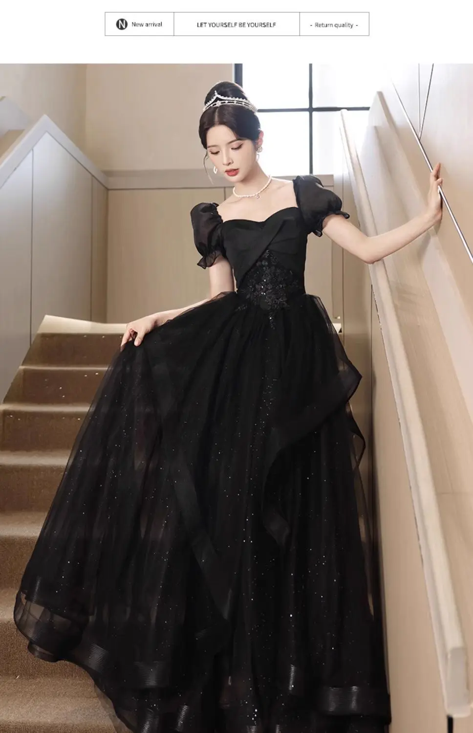 New Graduation High School Dress French High end Black Long Evening Dresses for Women Bubble Sleeve Bridesmaid Wedding Dress