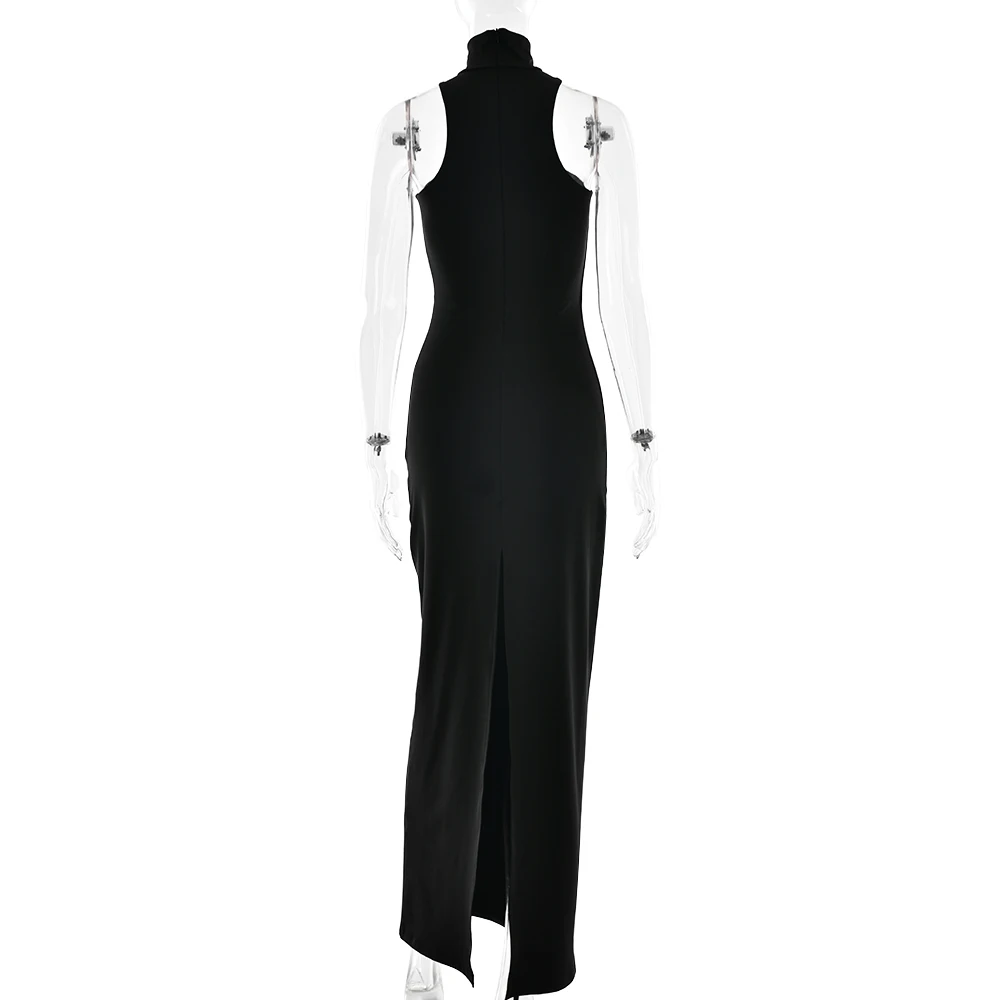 Turtleneck High Slit Metal Ring Women Maxi Dress Black Sleeveless High Waist Dress Summer Slim Elegant Party Clubwear