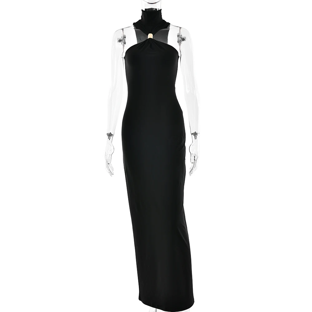 Turtleneck High Slit Metal Ring Women Maxi Dress Black Sleeveless High Waist Dress Summer Slim Elegant Party Clubwear