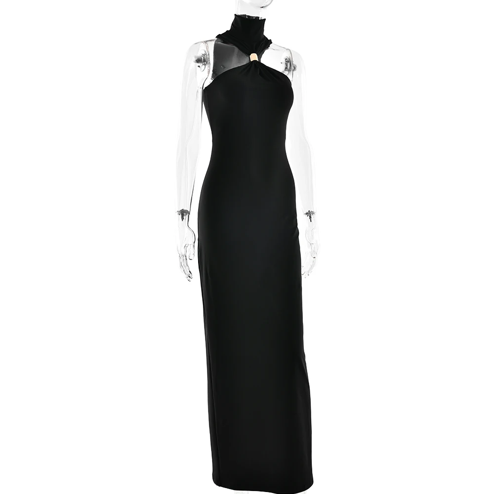 Turtleneck High Slit Metal Ring Women Maxi Dress Black Sleeveless High Waist Dress Summer Slim Elegant Party Clubwear