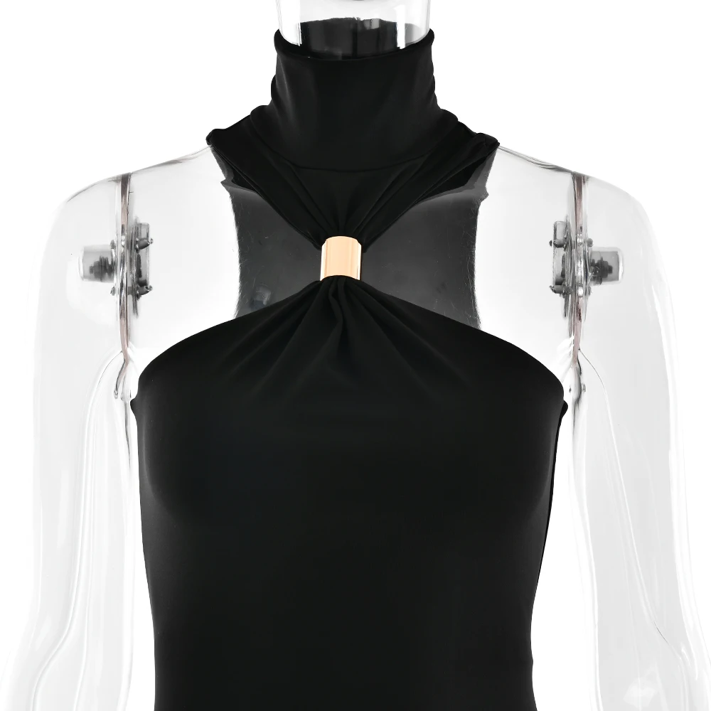 Turtleneck High Slit Metal Ring Women Maxi Dress Black Sleeveless High Waist Dress Summer Slim Elegant Party Clubwear