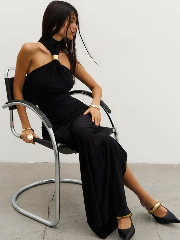 Turtleneck Maxi Dress Black White Sleeveless High Waist - Image 2
