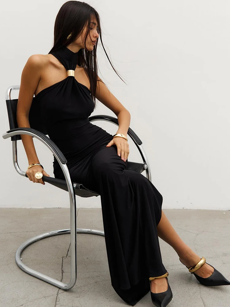 Turtleneck High Slit Metal Ring Women Maxi Dress Black Sleeveless High Waist Dress Summer Slim Elegant Party Clubwear