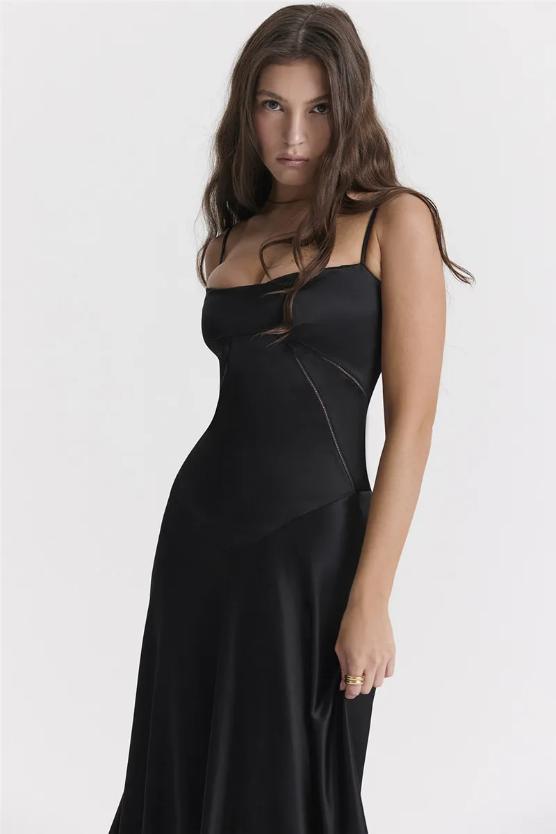  Lace-up Satin Maxi Slipdress Women Black Spaghetti Strap Sleeveless Backless Maxi Dress Club Party Evening Dress
