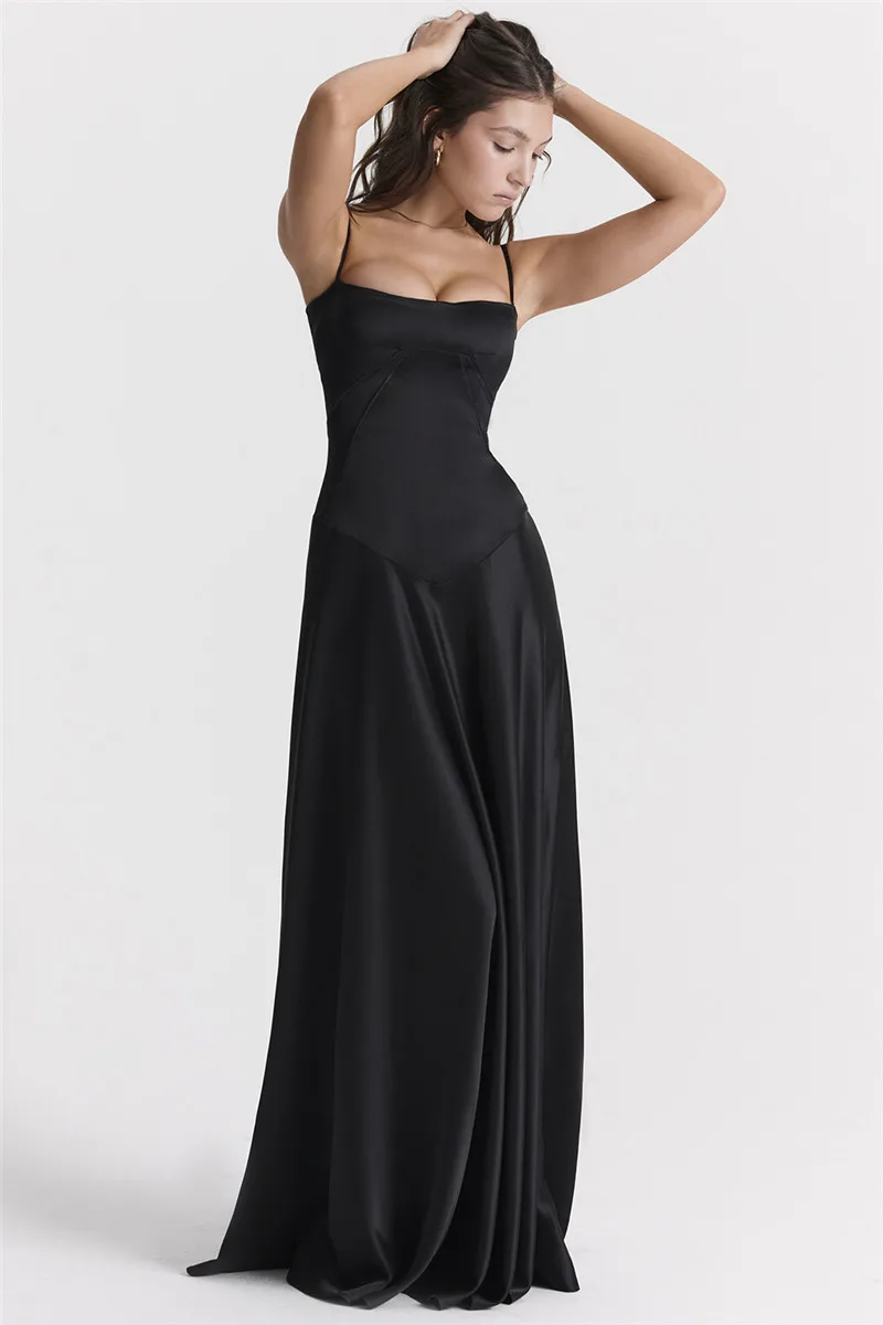  Lace-up Satin Maxi Slipdress Women Black Spaghetti Strap Sleeveless Backless Maxi Dress Club Party Evening Dress