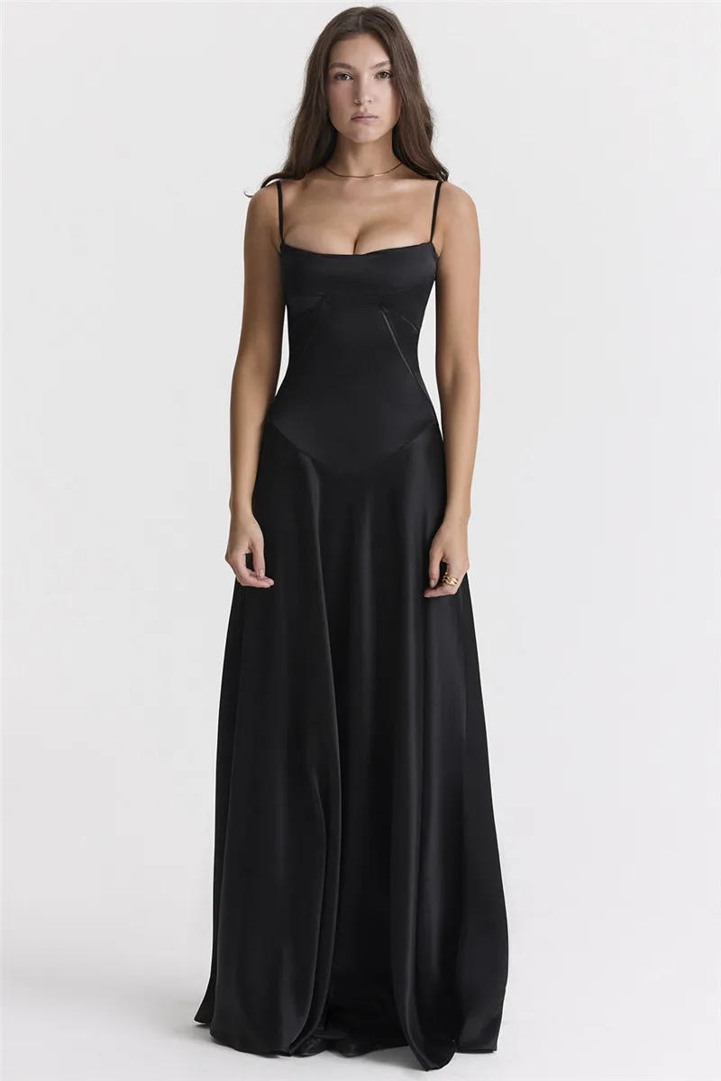  Lace-up Satin Maxi Slipdress Women Black Spaghetti Strap Sleeveless Backless Maxi Dress Club Party Evening Dress
