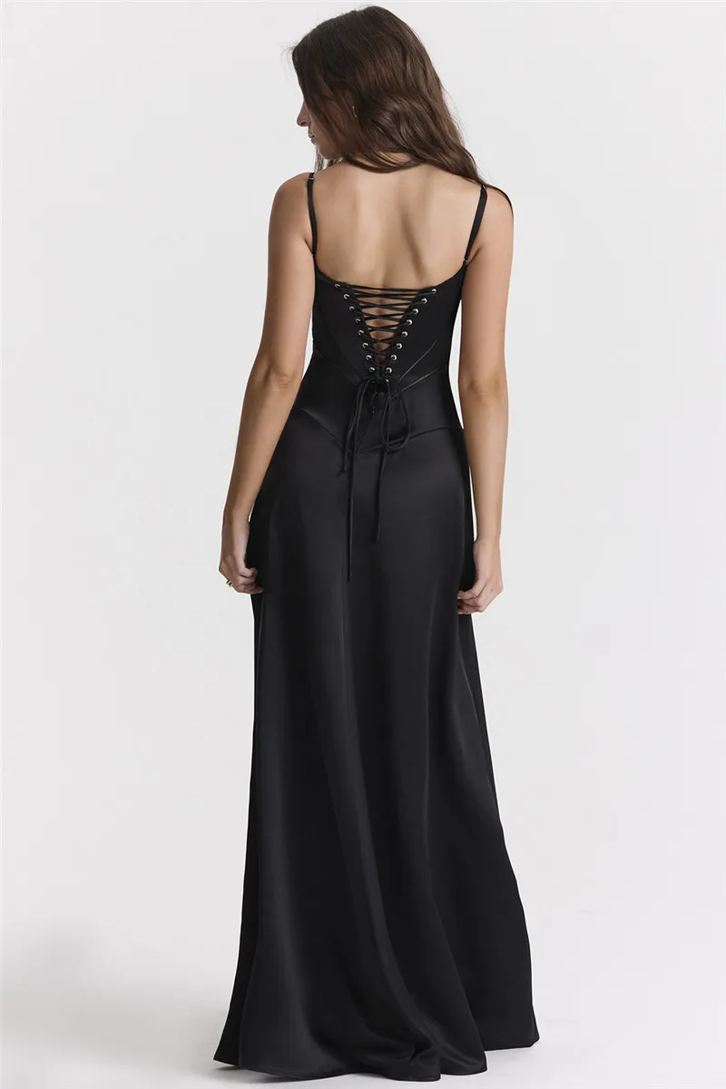  Lace-up Satin Maxi Slipdress Women Black Spaghetti Strap Sleeveless Backless Maxi Dress Club Party Evening Dress