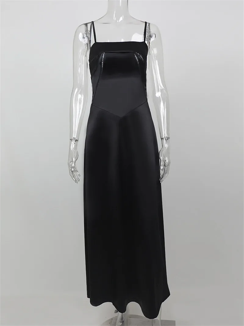  Lace-up Satin Maxi Slipdress Women Black Spaghetti Strap Sleeveless Backless Maxi Dress Club Party Evening Dress