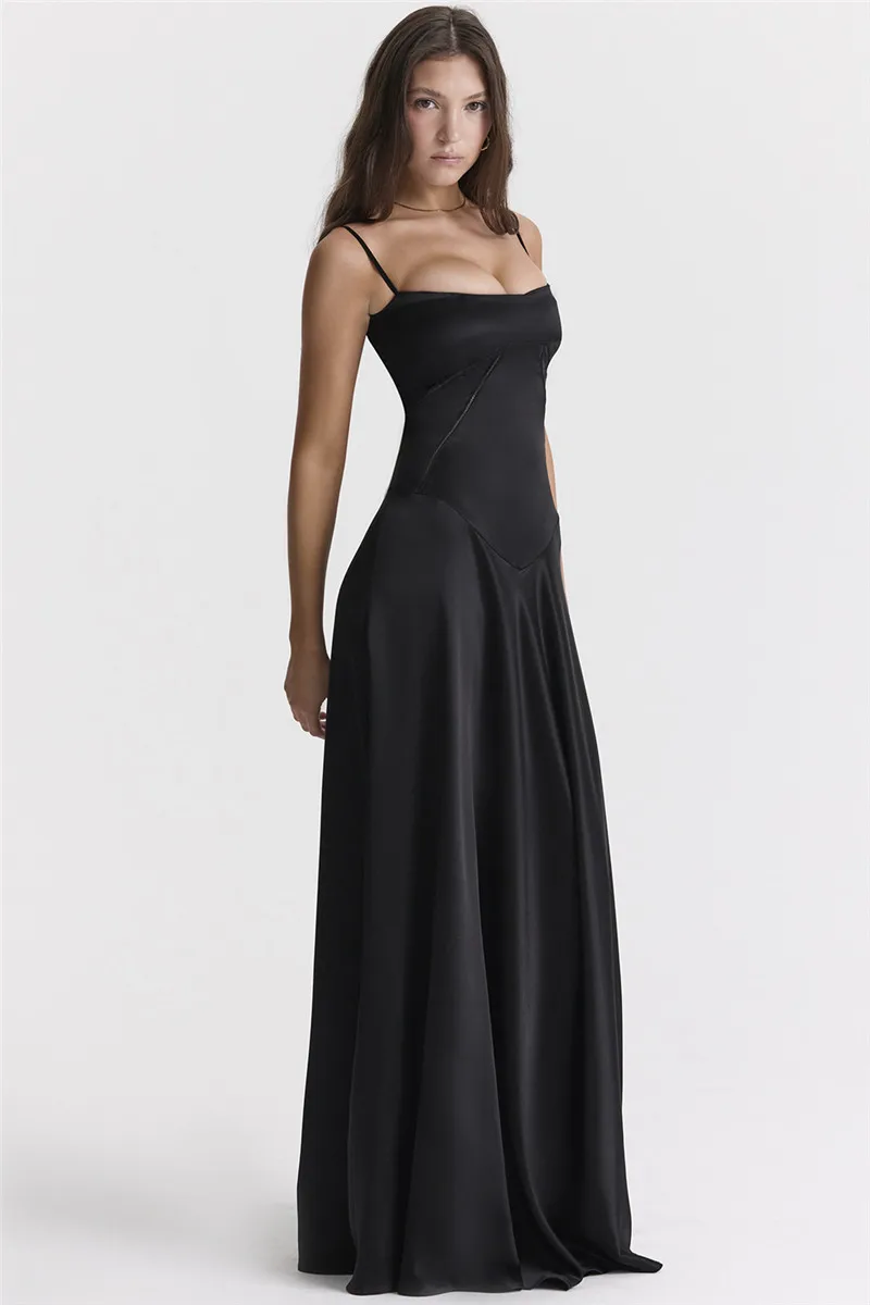  Lace-up Satin Maxi Slipdress Women Black Spaghetti Strap Sleeveless Backless Maxi Dress Club Party Evening Dress