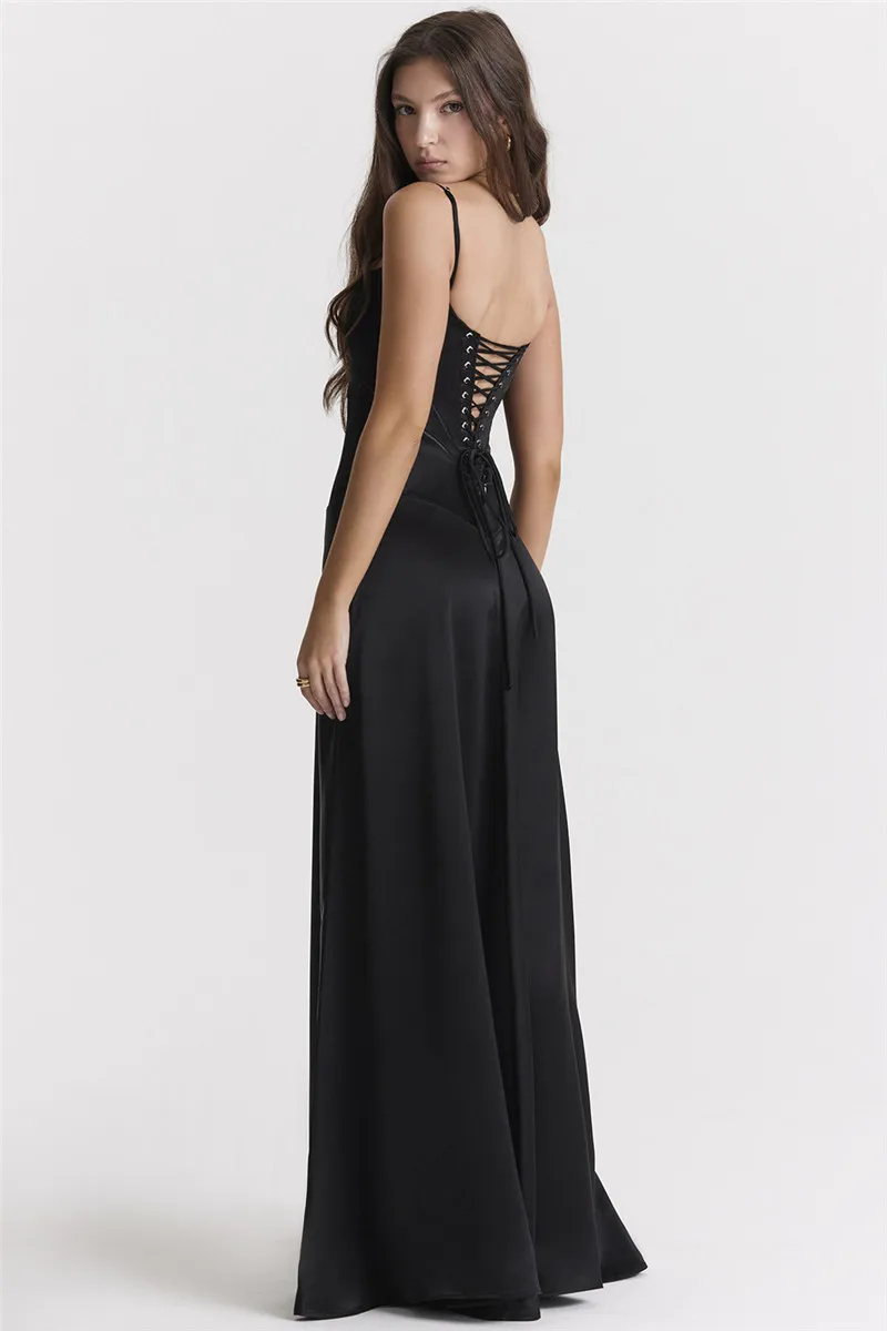  Lace-up Satin Maxi Slipdress Women Black Spaghetti Strap Sleeveless Backless Maxi Dress Club Party Evening Dress