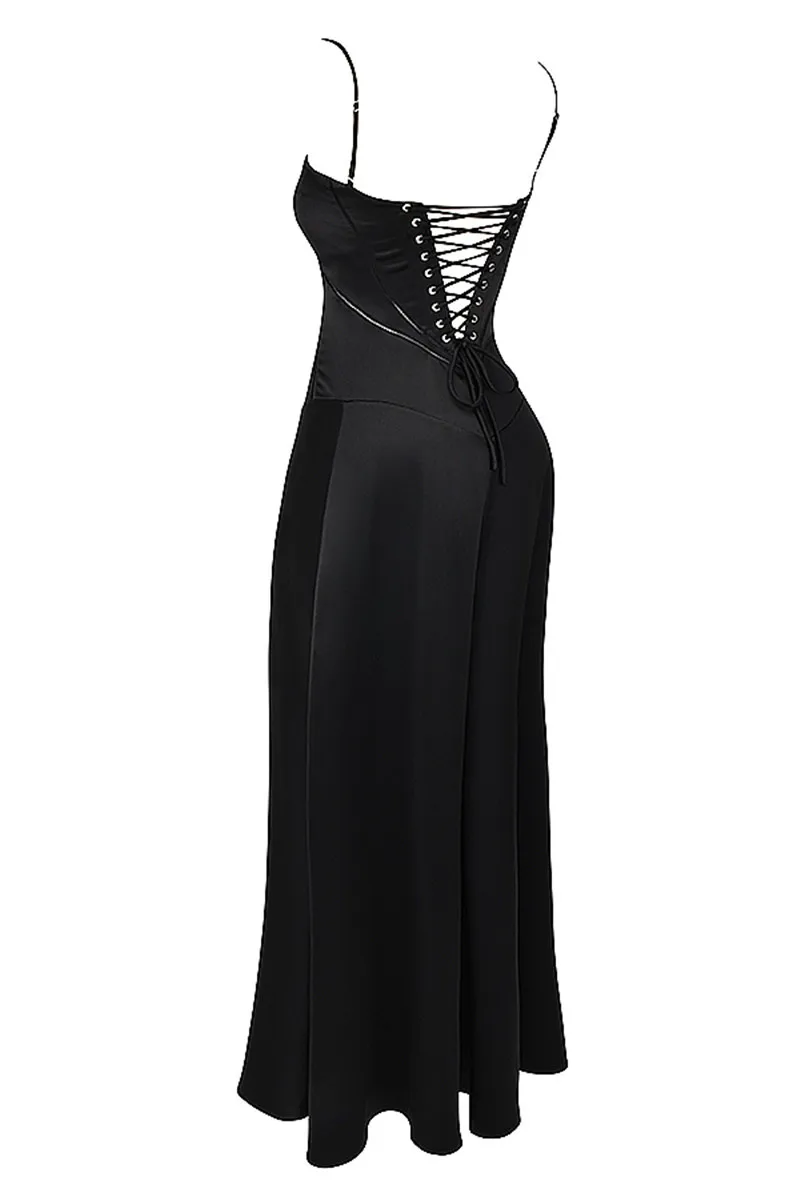  Lace-up Satin Maxi Slipdress Women Black Spaghetti Strap Sleeveless Backless Maxi Dress Club Party Evening Dress