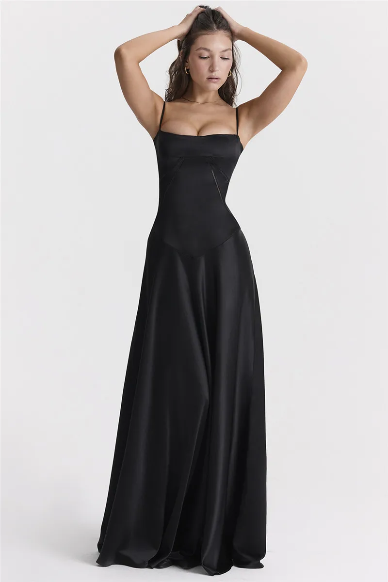  Lace-up Satin Maxi Slipdress Women Black Spaghetti Strap Sleeveless Backless Maxi Dress Club Party Evening Dress