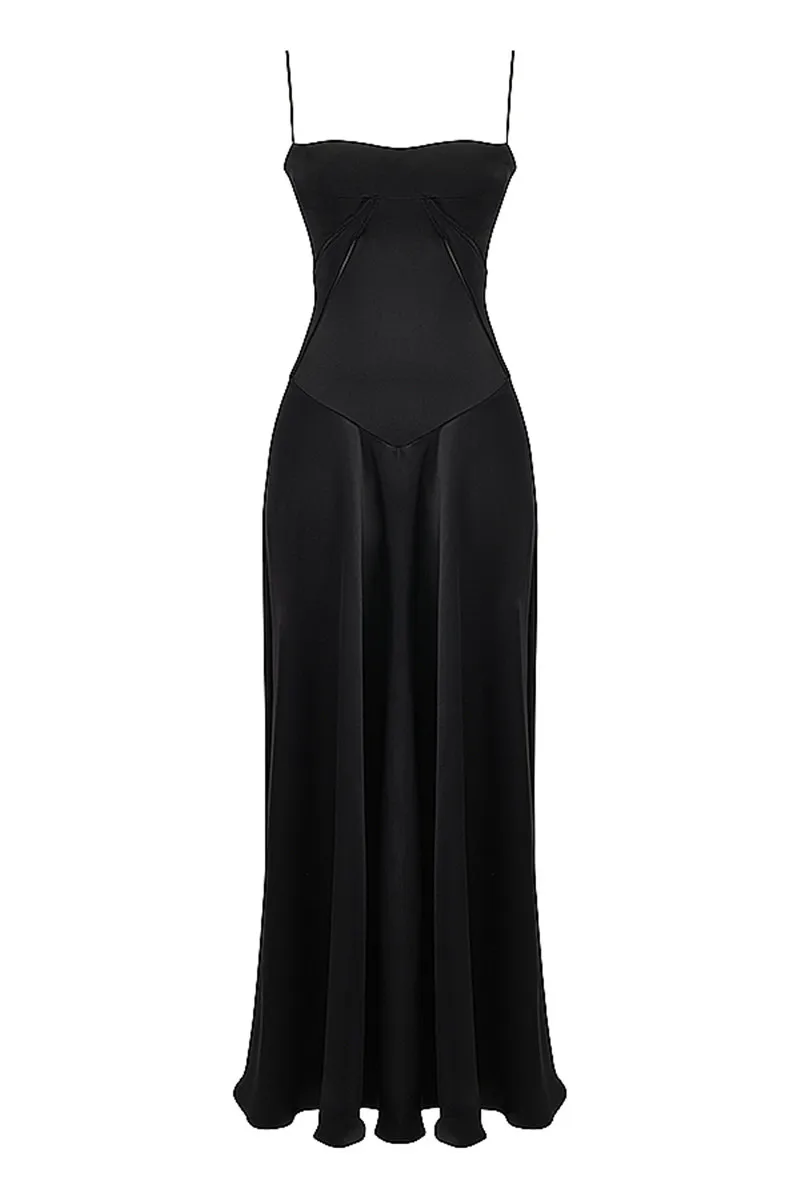  Lace-up Satin Maxi Slipdress Women Black Spaghetti Strap Sleeveless Backless Maxi Dress Club Party Evening Dress
