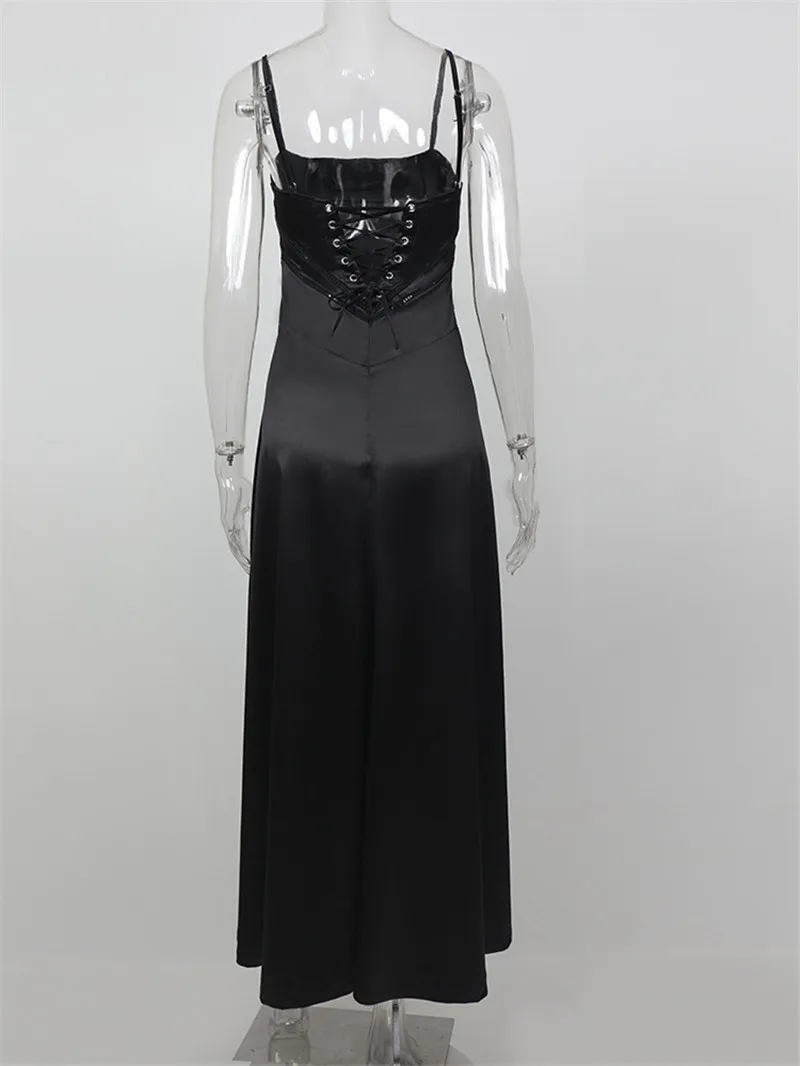  Lace-up Satin Maxi Slipdress Women Black Spaghetti Strap Sleeveless Backless Maxi Dress Club Party Evening Dress