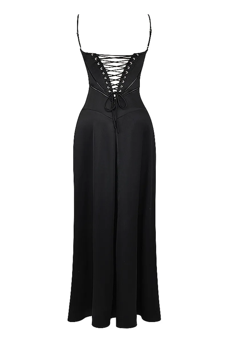  Lace-up Satin Maxi Slipdress Women Black Spaghetti Strap Sleeveless Backless Maxi Dress Club Party Evening Dress