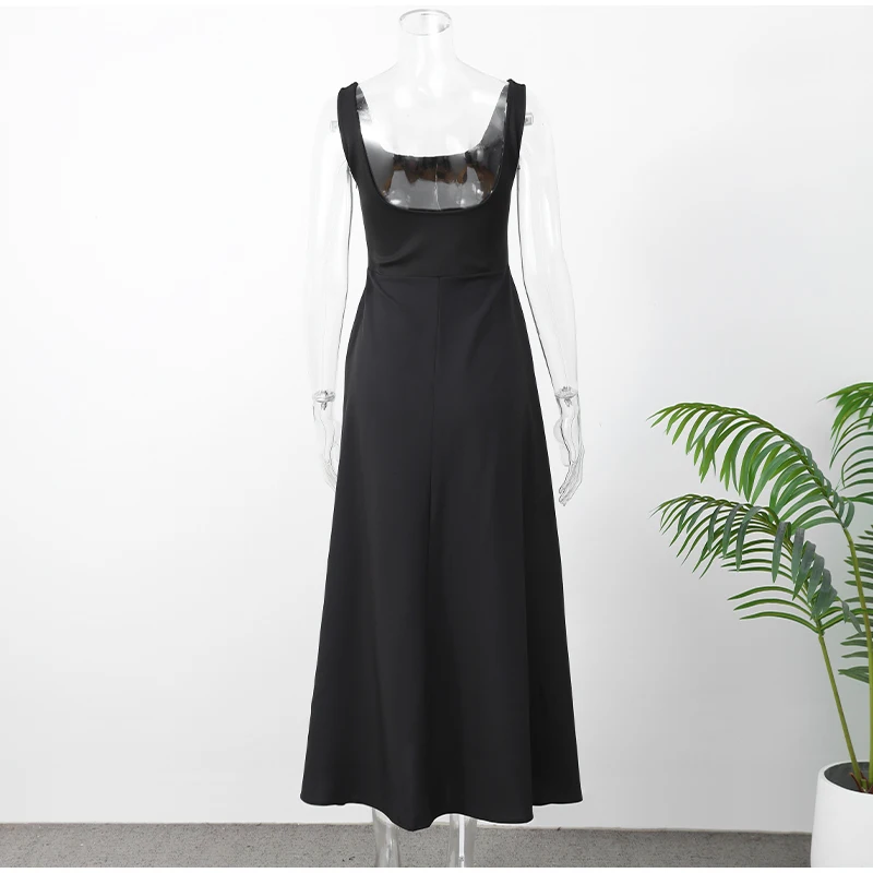 Black A-line Women's Long Dress Elegant Square Neck Pleated Sleeveless Sling Maxi Dresses 2025 Summer Lady Vacation Party Robes