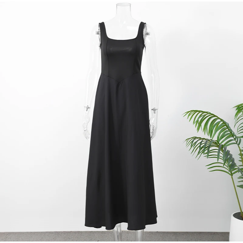 Black A-line Women's Long Dress Elegant Square Neck Pleated Sleeveless Sling Maxi Dresses 2025 Summer Lady Vacation Party Robes