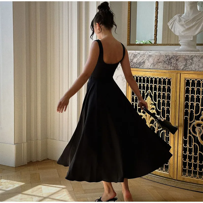 Black A-line Women's Long Dress Elegant Square Neck Pleated Sleeveless Sling Maxi Dresses 2025 Summer Lady Vacation Party Robes