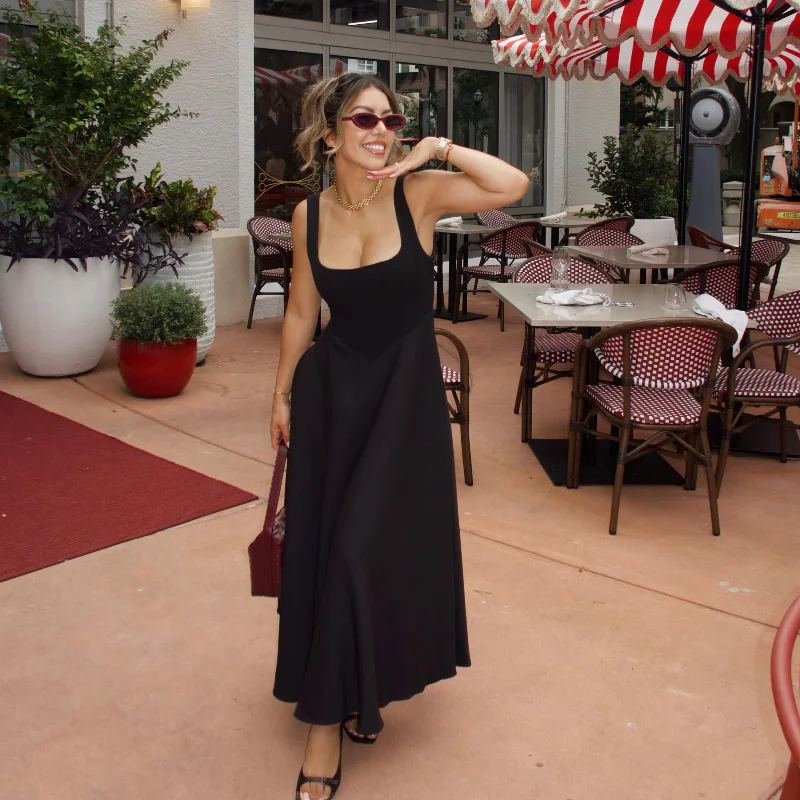 Black A-line Women's Long Dress Elegant Square Neck Pleated Sleeveless Sling Maxi Dresses 2025 Summer Lady Vacation Party Robes