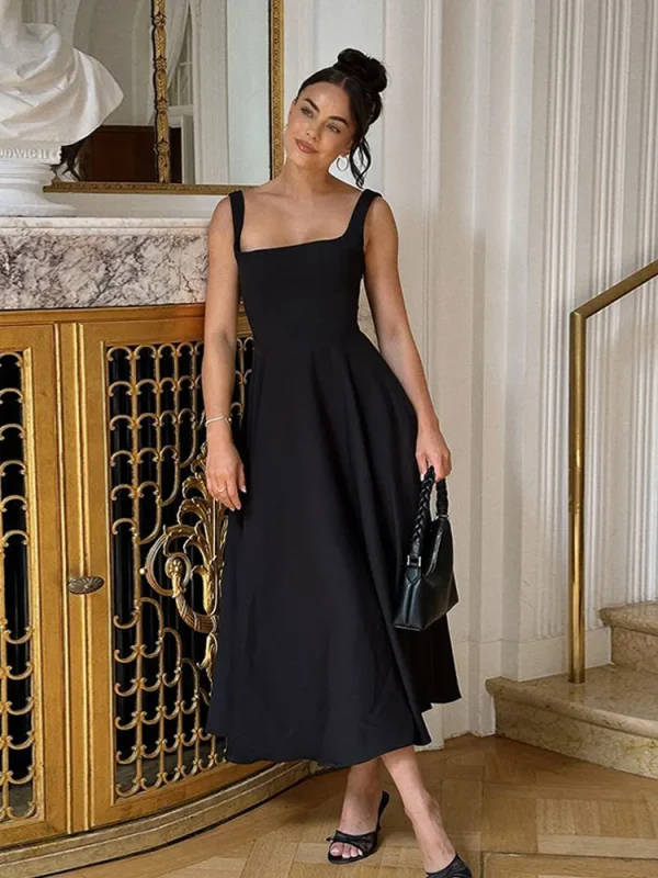Black Pink White A-line Square Neck Pleated Sleeveless Sling Maxi Dresses - Image 2
