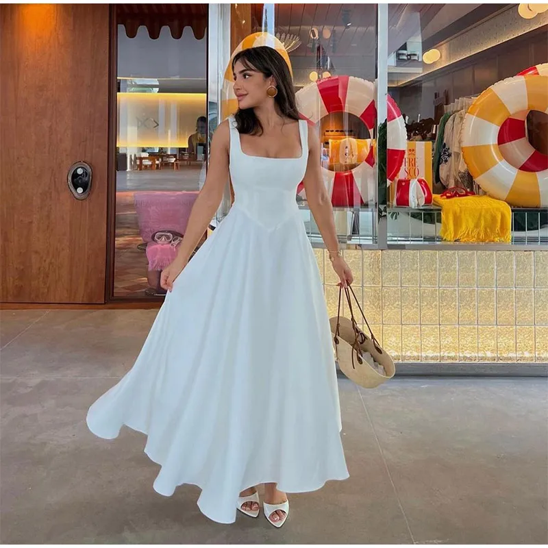 Black A-line Women's Long Dress Elegant Square Neck Pleated Sleeveless Sling Maxi Dresses 2025 Summer Lady Vacation Party Robes