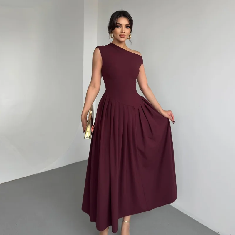 Black A-line Women's Long Dress Elegant Square Neck Pleated Sleeveless Sling Maxi Dresses 2025 Summer Lady Vacation Party Robes