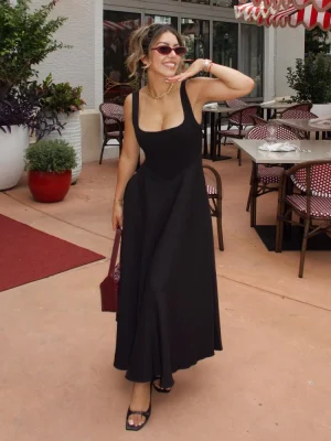 Black Pink White A-line Square Neck Pleated Sleeveless Sling Maxi Dresses