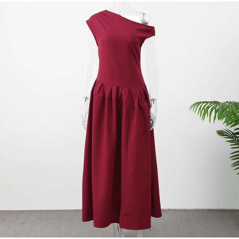 Black A-line Women's Long Dress Elegant Square Neck Pleated Sleeveless Sling Maxi Dresses 2025 Summer Lady Vacation Party Robes