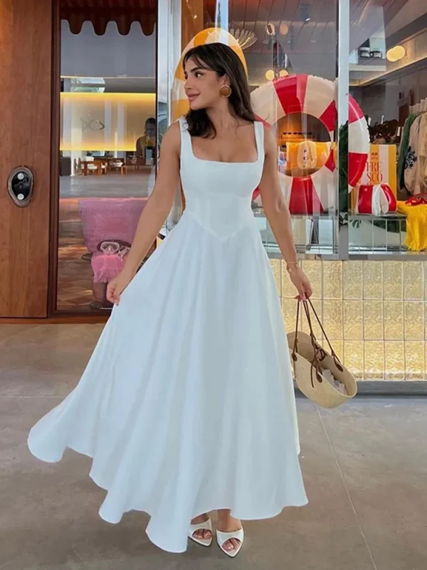 Black Pink White A-line Square Neck Pleated Sleeveless Sling Maxi Dresses - Image 6