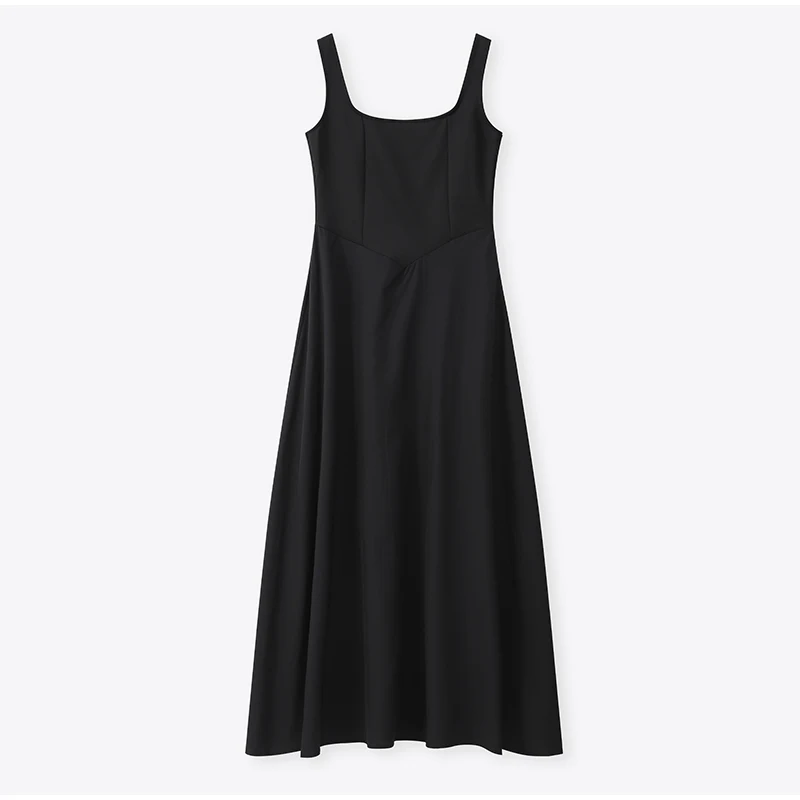 Black A-line Women's Long Dress Elegant Square Neck Pleated Sleeveless Sling Maxi Dresses 2025 Summer Lady Vacation Party Robes